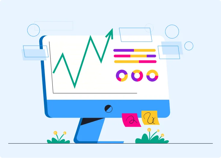 Illustration of a desktop monitor displaying an upward trending line graph, bar charts, and pie charts with colorful sticky notes and decorative plants nearby.