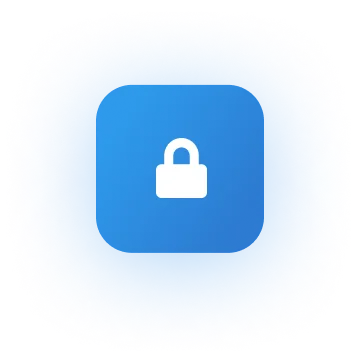 White lock icon on a blue rounded square background representing security.