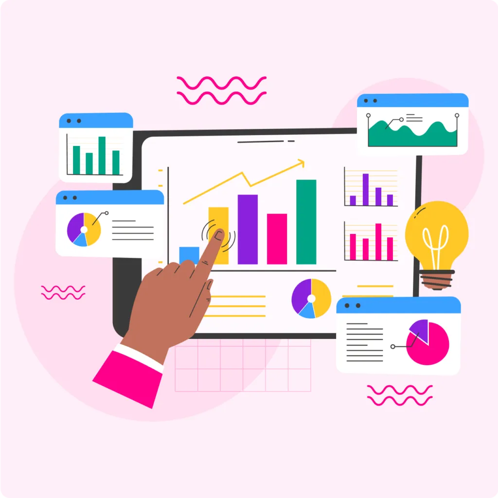 Illustration of a hand interacting with a digital dashboard showing colorful bar charts, pie charts, and line graphs, with a glowing light bulb symbolizing ideas.