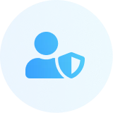 Blue circular icon with a person silhouette and a shield symbol.