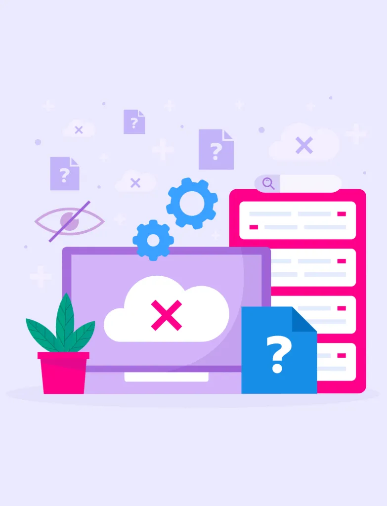 Illustration of a computer screen showing a cloud with an X, surrounded by gears, a search bar, question mark documents, and a potted plant, symbolizing error or data access issues.