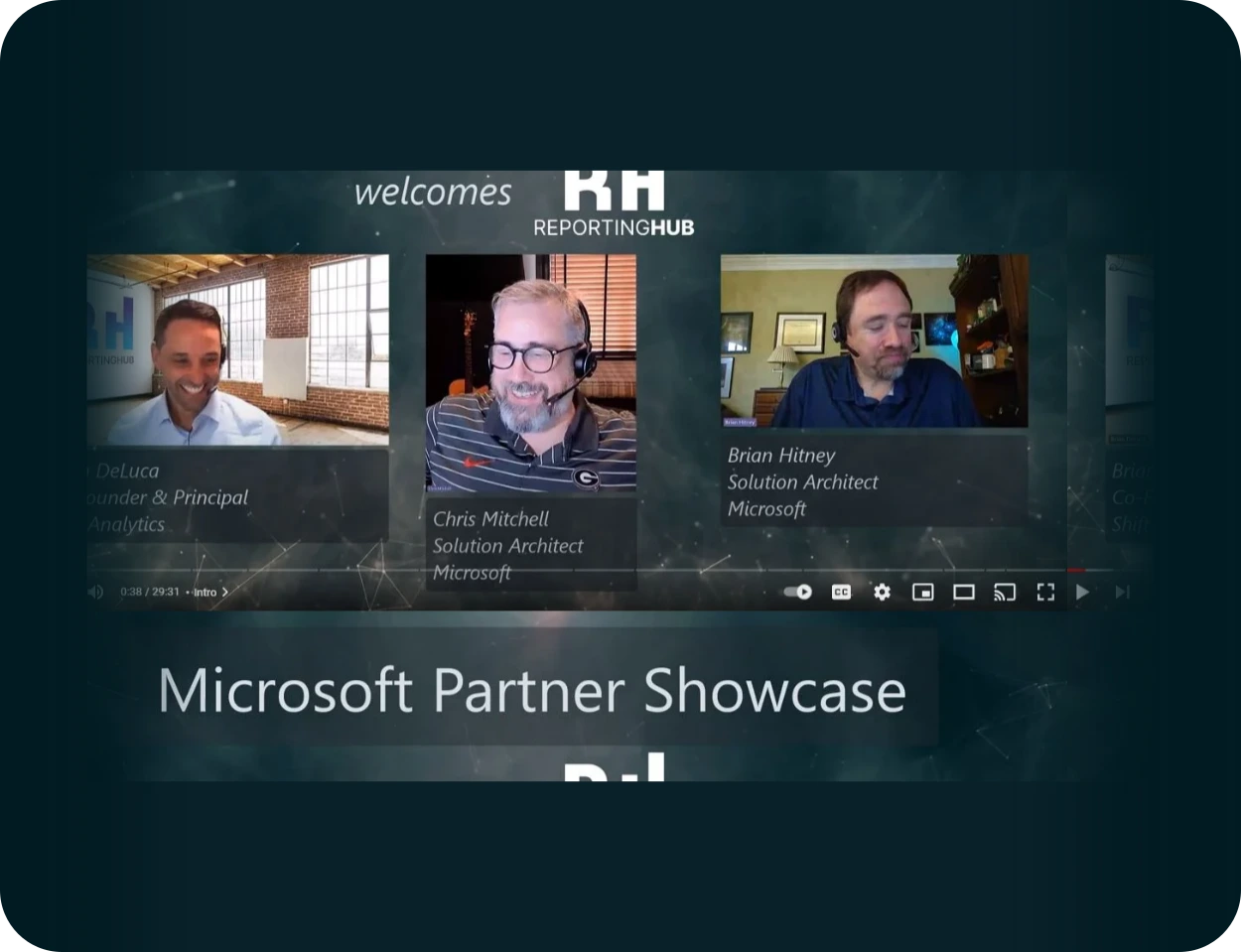 Virtual meeting screen showing three men smiling and wearing headsets, with names and titles: Chris Mitchell and Brian Hitney, Solution Architects at Microsoft.