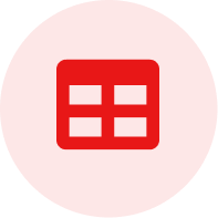 Red circle containing a subtle icon resembling a table or grid with four cells.