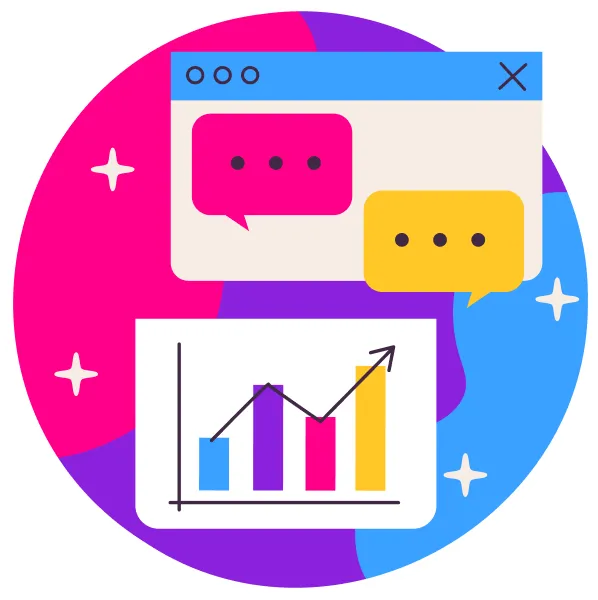 Colorful circular icon with a chat window showing pink and yellow speech bubbles above a bar chart with an upward arrow.
