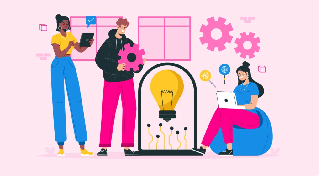 Three people collaborating on technology ideas with a large light bulb and gears symbolizing innovation and teamwork.