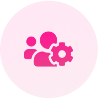 Icon showing three interconnected gears inside a pink circular background, representing human-centered design.