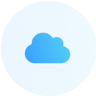 Blue circular icon with a cloud shape in the center representing cloud computing or cloud storage.