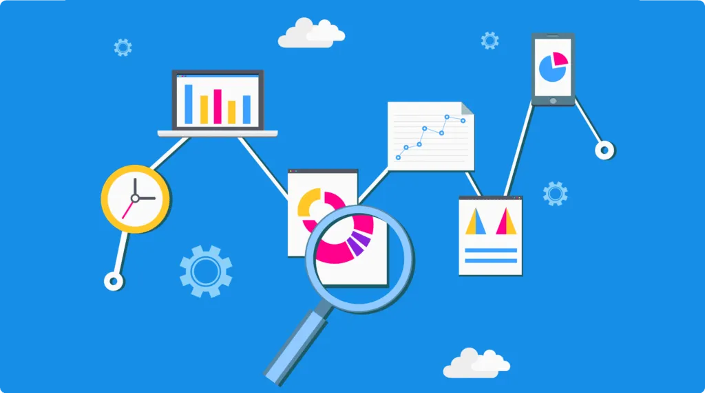 Illustration of a data analysis workflow showing connected devices and charts, including a clock, laptop with bar chart, documents with pie and line charts, a magnifying glass, and a smartphone with a pie chart on a blue background.