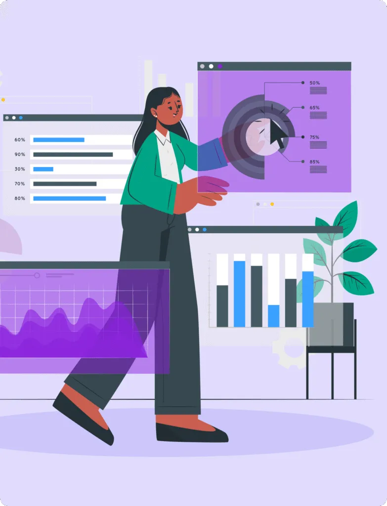Illustration of a woman interacting with floating charts and graphs including a pie chart, bar graph, and line chart, with a potted plant in the background.