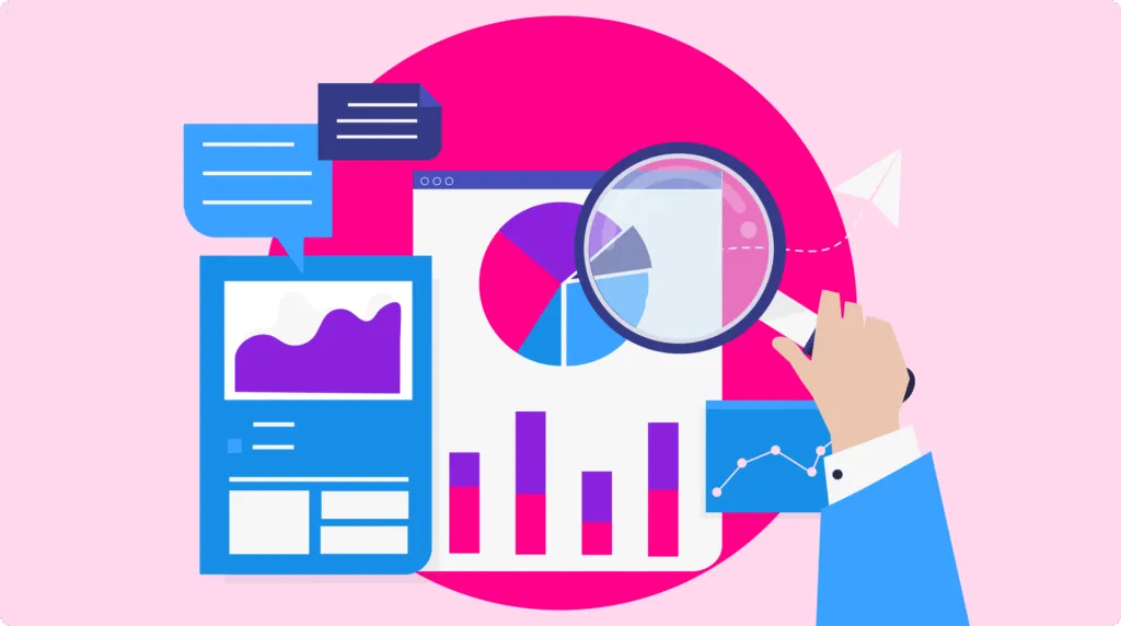 Illustration of a hand holding a magnifying glass over charts and graphs on a digital dashboard with speech bubbles and a paper airplane.