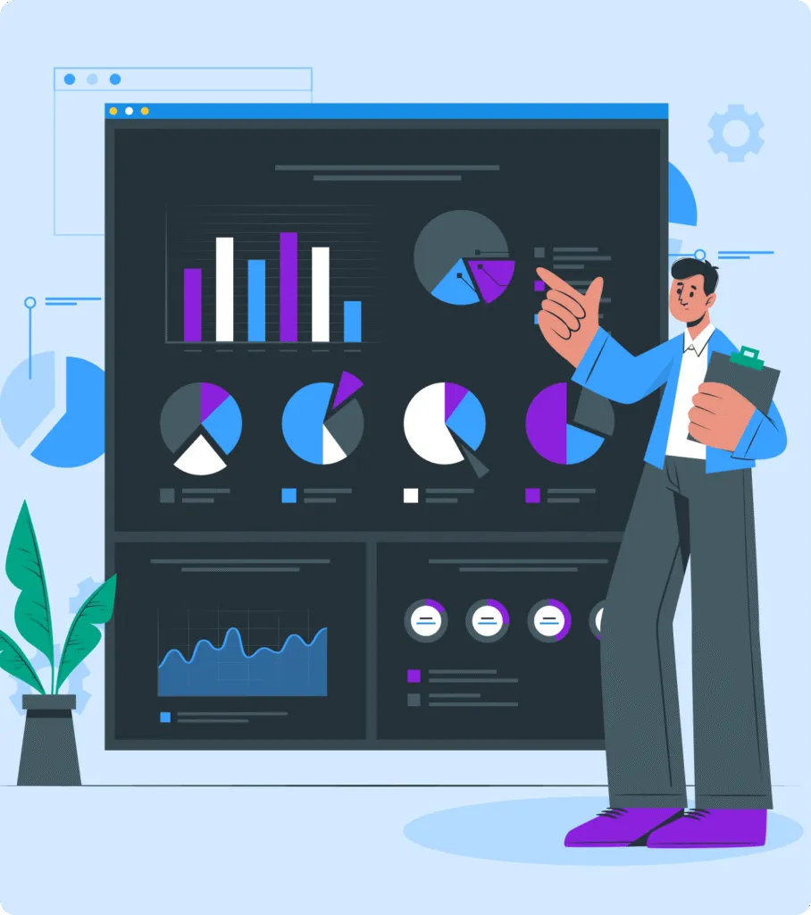 Illustration of a man holding a clipboard, pointing at a large screen displaying various colorful charts and graphs including bar, pie, and line charts.