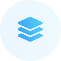 Blue circular icon with three stacked layers in the center.