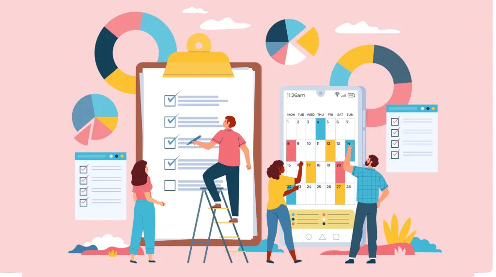 Four people interacting with large checklist and calendar charts surrounded by colorful pie charts and task lists on a pink background.