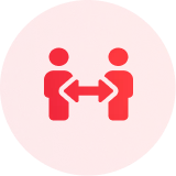Red icon with a white simplified representation of a data network or connected nodes inside a circle.