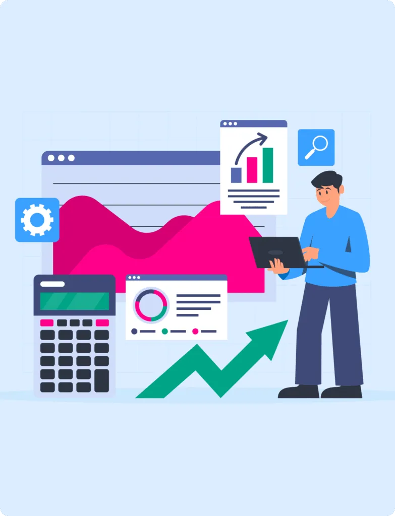 Illustration of a man using a laptop surrounded by various data analytics charts, a calculator, and icons representing settings and search.