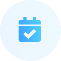 Calendar icon with a checkmark inside on a blue circular gradient background.