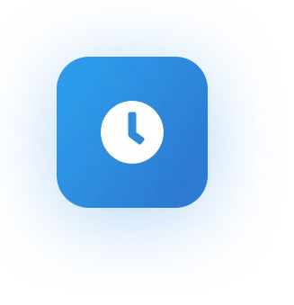 White clock icon showing 3 o'clock on a blue rounded square background.
