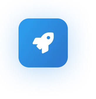 White rocket icon centered on a blue rounded square background.