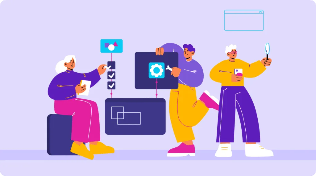 Illustration of three people collaborating with digital interface elements including checklists, gear icon, and magnifying glass on a light purple background.