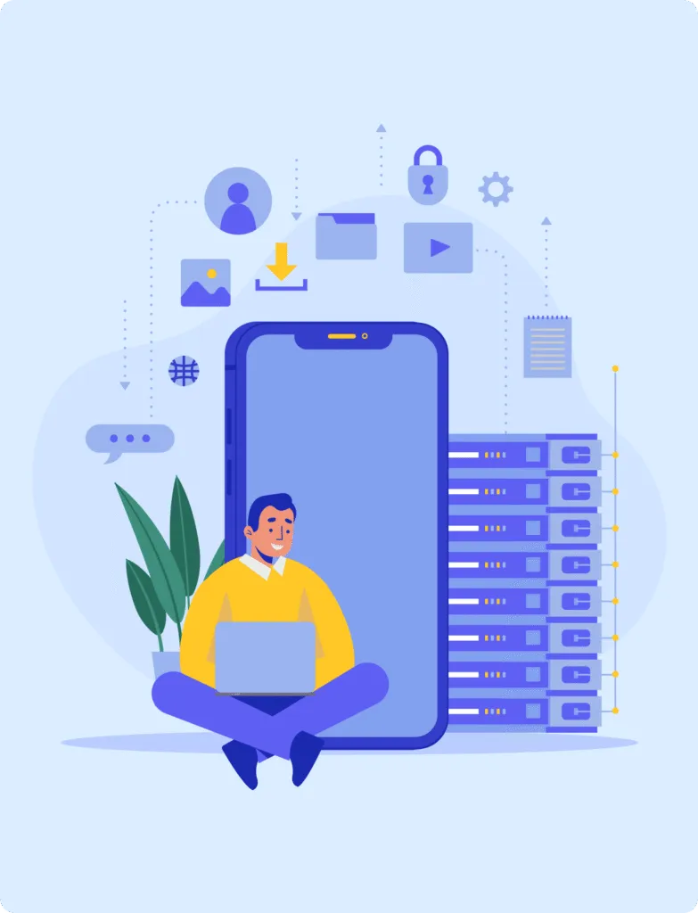 Person sitting cross-legged with a laptop in front of a large smartphone and server rack, surrounded by icons representing data security and file sharing.