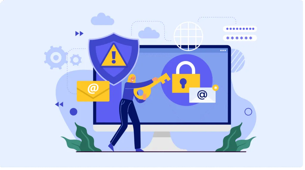 Illustration of a woman holding a large key in front of a computer screen displaying a padlock and security icons, representing online security and secure access.