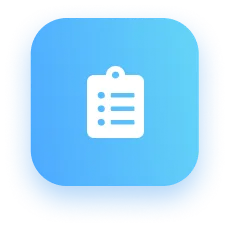 White checklist icon on a blue rounded square background.