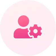 Icon of a person silhouette with a gear symbol representing user settings or profile configuration on a pink circular background.