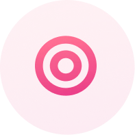 Pink circular target icon with concentric rings on a gradient background.