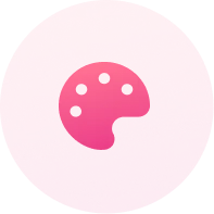 Pink circular icon featuring a painter's palette symbol in the center.