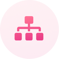 Pink circular icon with a simple hierarchical chart showing one square connected above three squares.