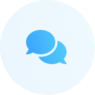 Blue circular icon with two overlapping speech bubbles.