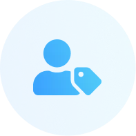 Blue circular icon with a user silhouette and a tag symbol.