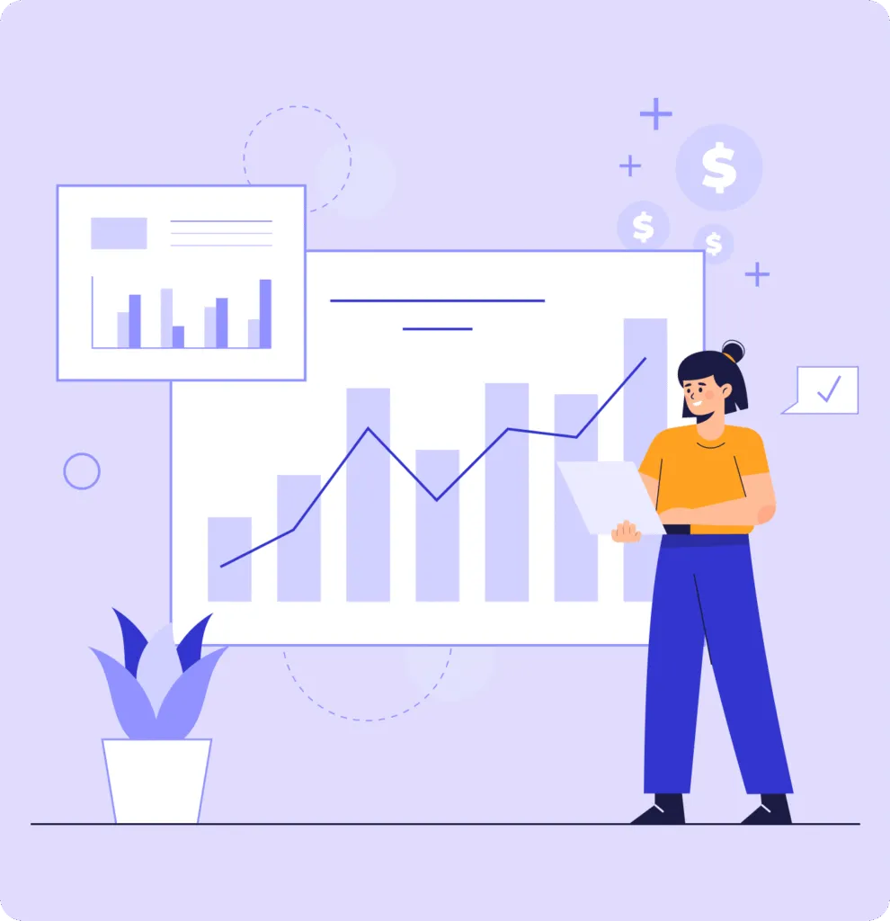 Illustration of a woman holding a tablet analyzing rising bar and line graphs with floating dollar signs and a potted plant nearby.