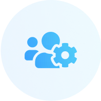 Blue circular icon with two user silhouettes and a gear symbol representing user settings or management.