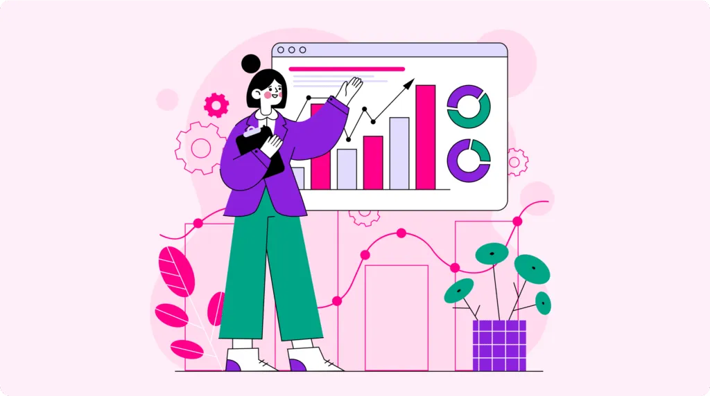 Illustration of a woman presenting a rising bar chart and pie charts on a large screen, symbolizing data analysis or business report.