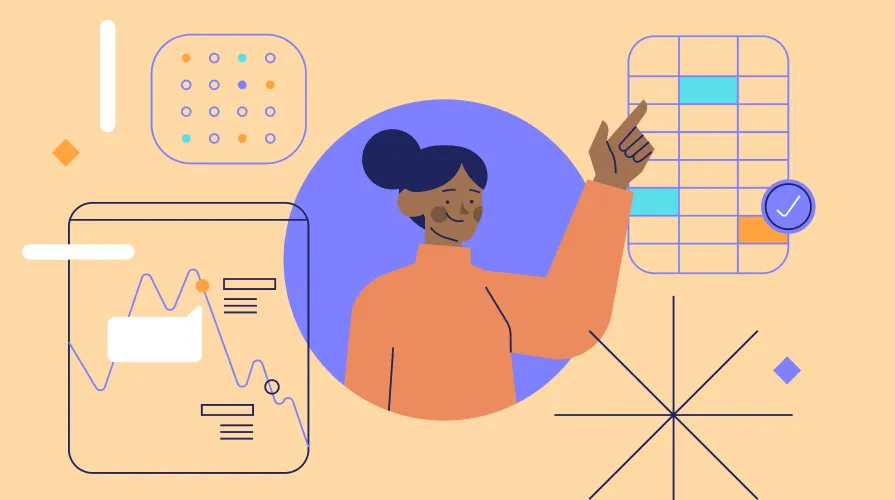 Illustration of a woman with a headset pointing at a highlighted data table, surrounded by charts and graphs on a beige background.