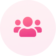 Icon of three stylized people on a pink circular gradient background representing a group or users.