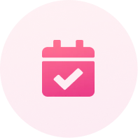 Calendar icon with a checkmark inside on a pink circular background.