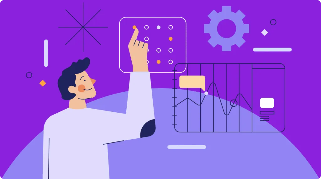 Illustration of a person interacting with floating data charts and interface elements against a purple background.