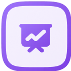 Purple square icon with rounded corners containing a faded line chart with three connected points and a small speech bubble.