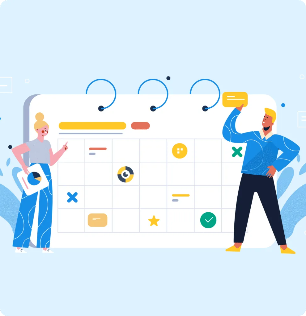 Illustration of a man and a woman standing beside a large calendar with colorful icons and markings representing events or tasks.