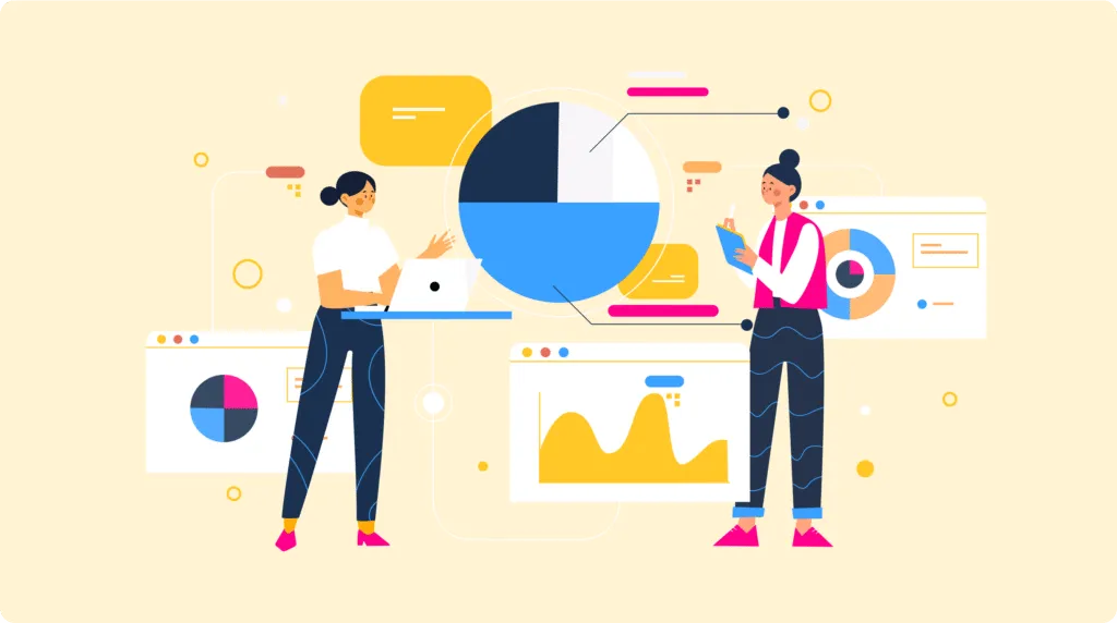 Two women analyzing colorful charts and graphs, including a pie chart and line graph, on digital screens.