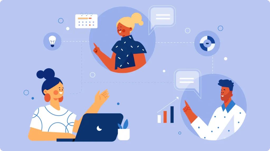 Illustration of three people communicating digitally, one working on a laptop and two others in separate circles with speech bubbles and icons representing ideas and data.