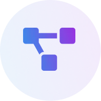 Blue and purple gradient circle with a stylized connected network icon inside.