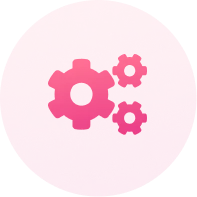 Three pink gears of different sizes inside a pink circular gradient background.
