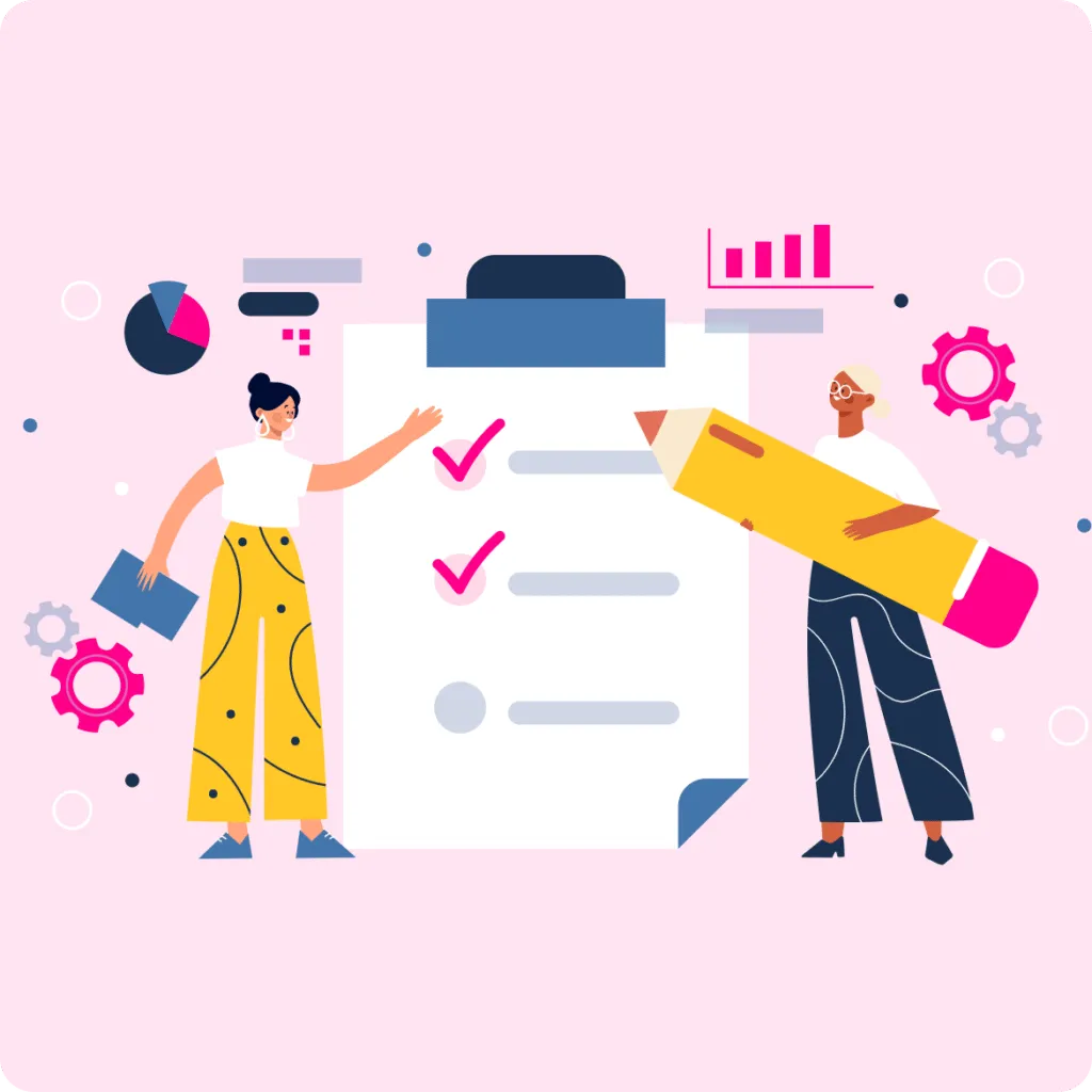 Illustration of two women standing beside a large checklist with two pink checkmarks, holding a giant pencil and a folder.