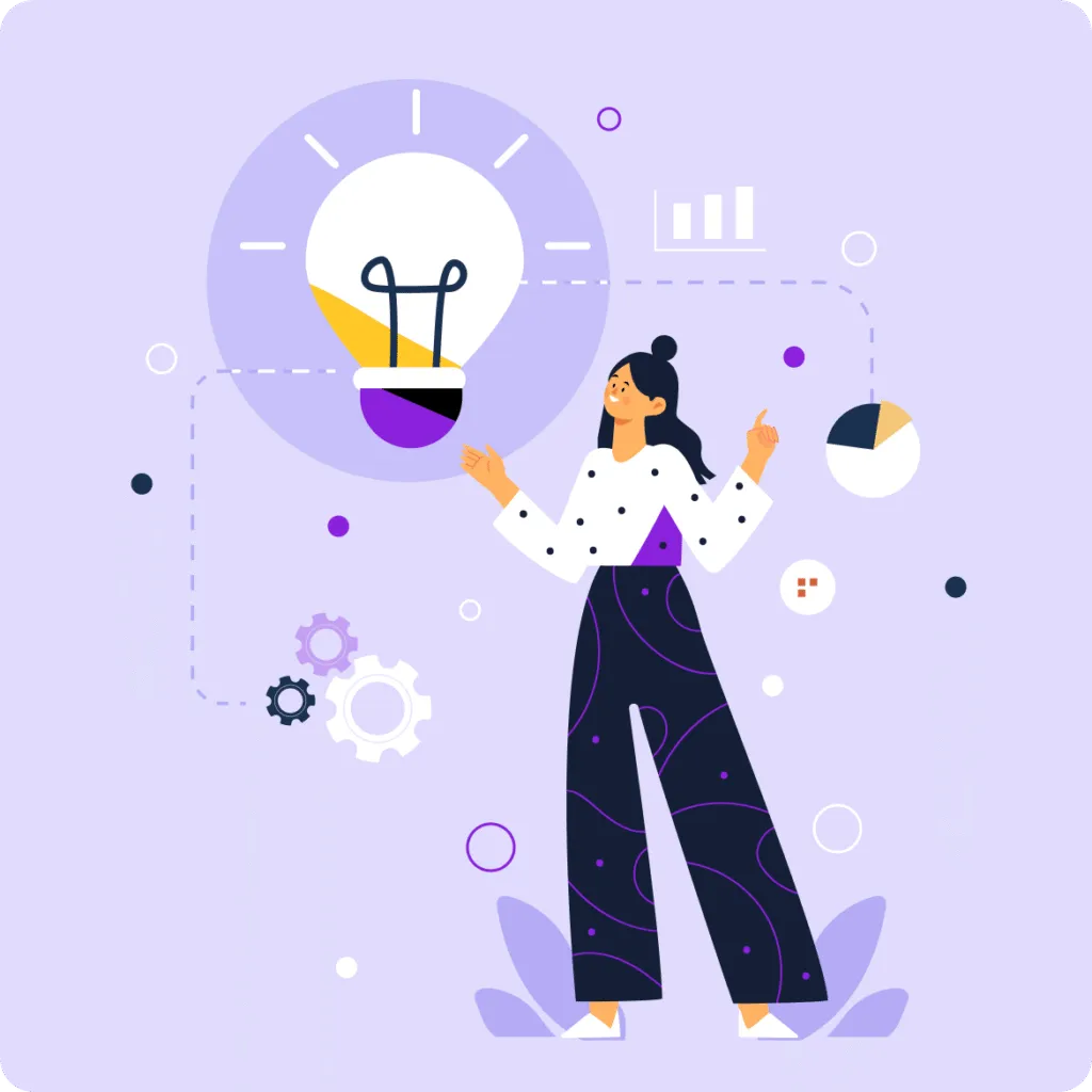 Illustration of a woman with long hair and polka dot outfit pointing at a large glowing light bulb surrounded by gears and data charts on a light purple background.