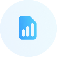 Blue circular icon with a stylized document and vertical bar chart inside.