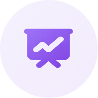Purple circular icon with a presentation board showing an upward trending line graph.
