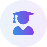 Blue and purple gradient icon of a person wearing a graduation cap.
